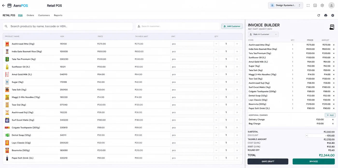 Aero Pack POS — the retail billing screen: item list, HSN, live invoice builder with GST split and round-off